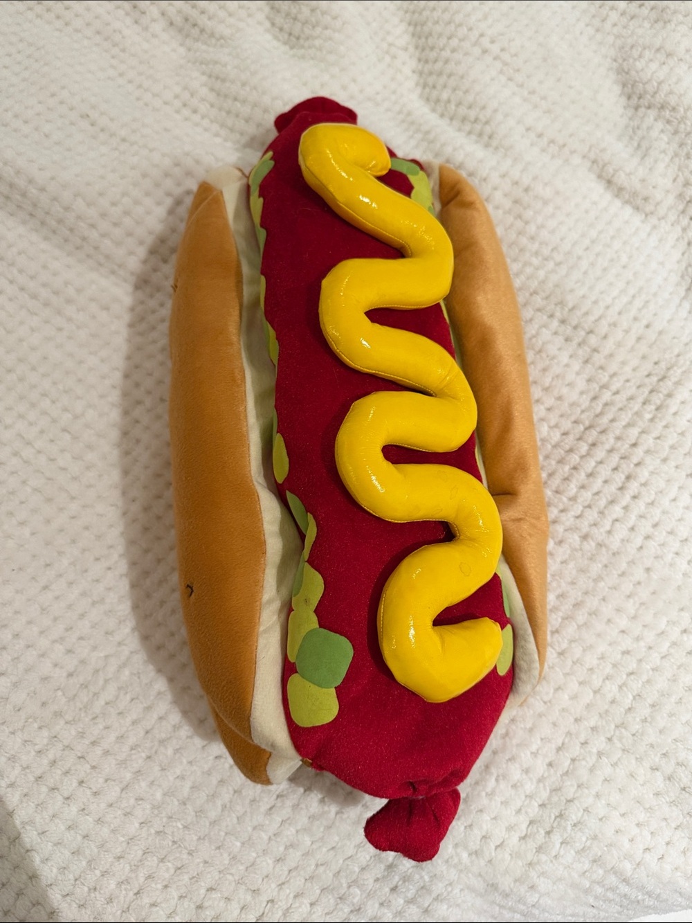 Plush Hot Dog Dog Halloween Costume in Red, Yellow, Tan and Green